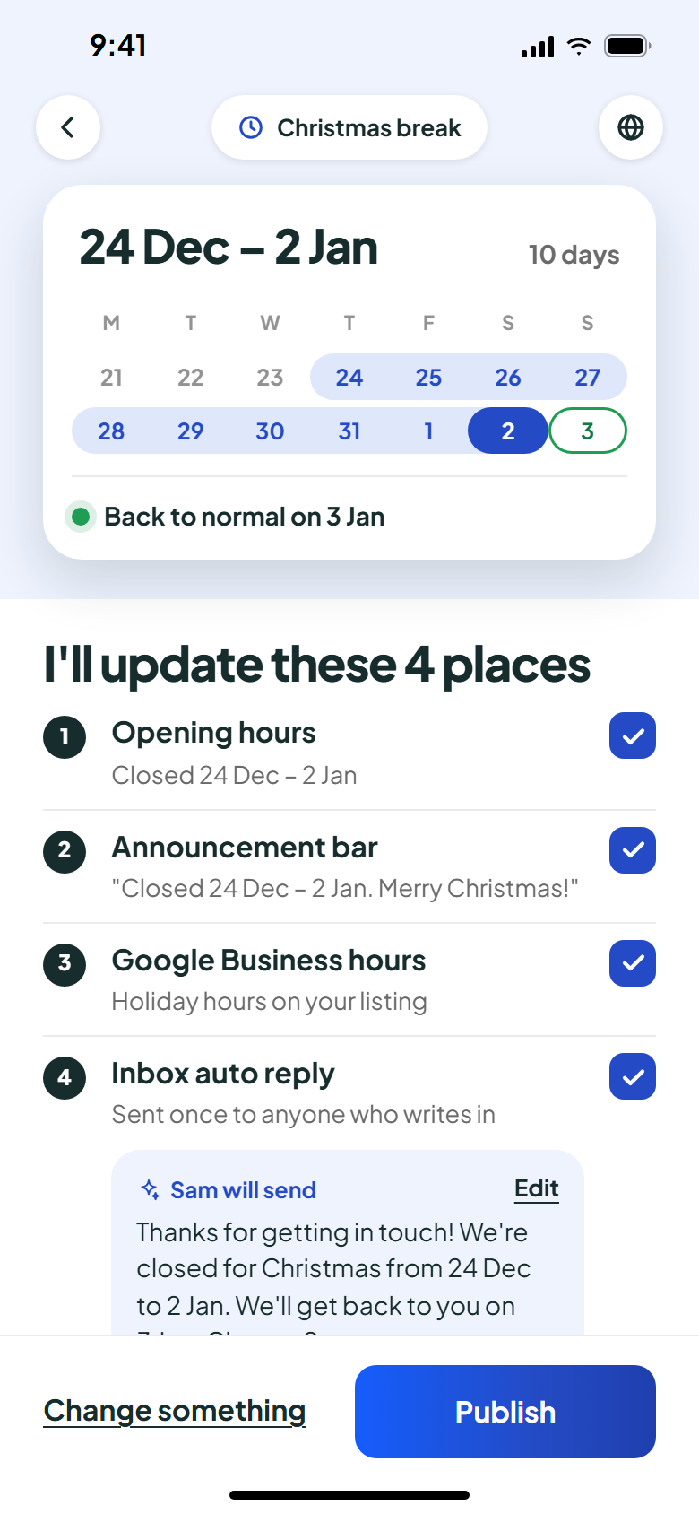 Plan for Christmas closing: opening hours, announcement bar, Google hours, inbox auto reply
