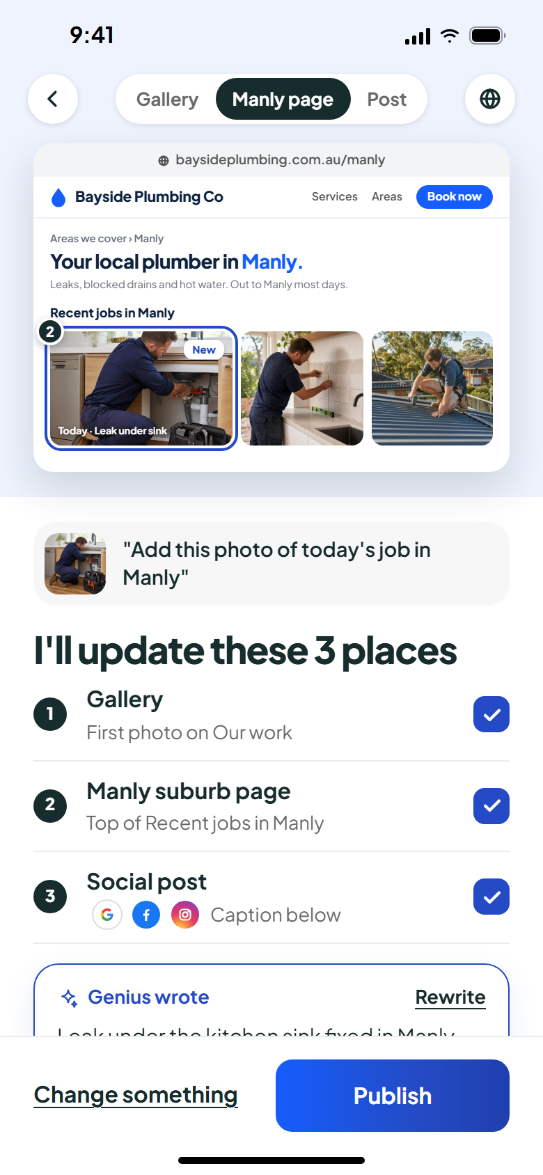 Genius adding a job photo to the gallery and the Manly page