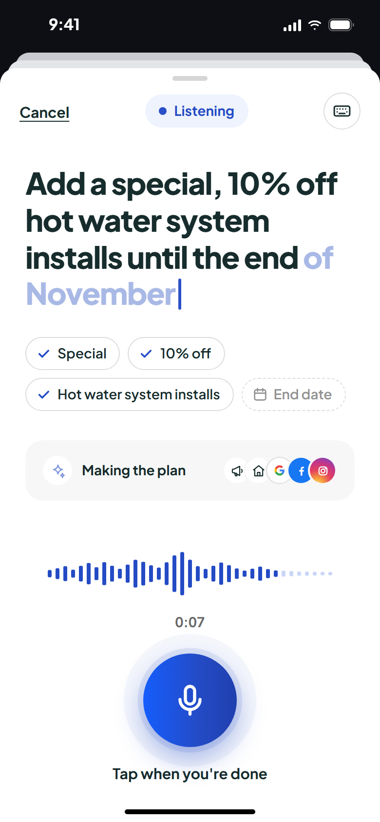Saying a special out loud to the app