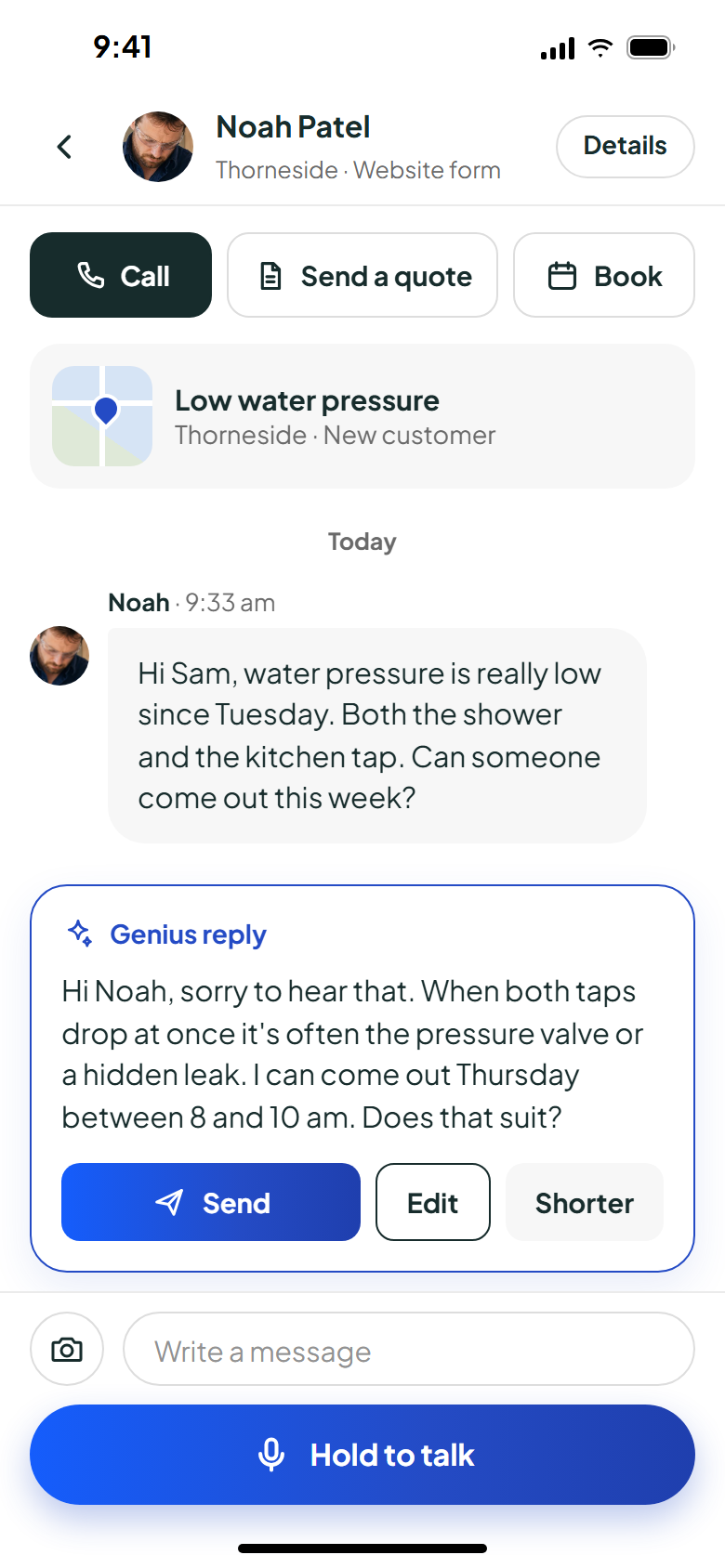 A website enquiry with a reply Genius wrote, ready to send