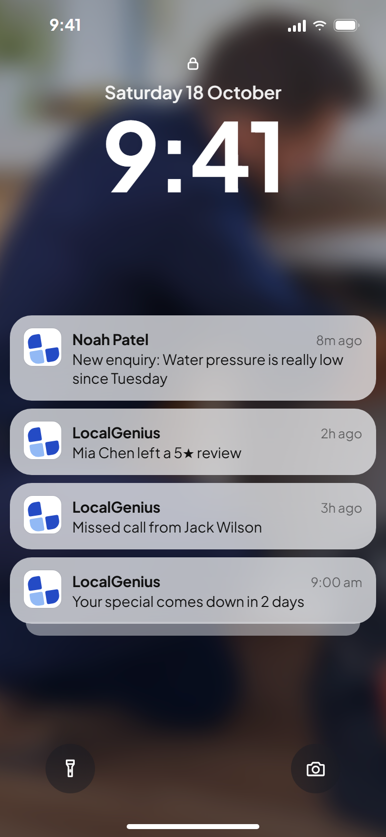 Lock screen alerts for a new enquiry, a 5 star review and a missed call