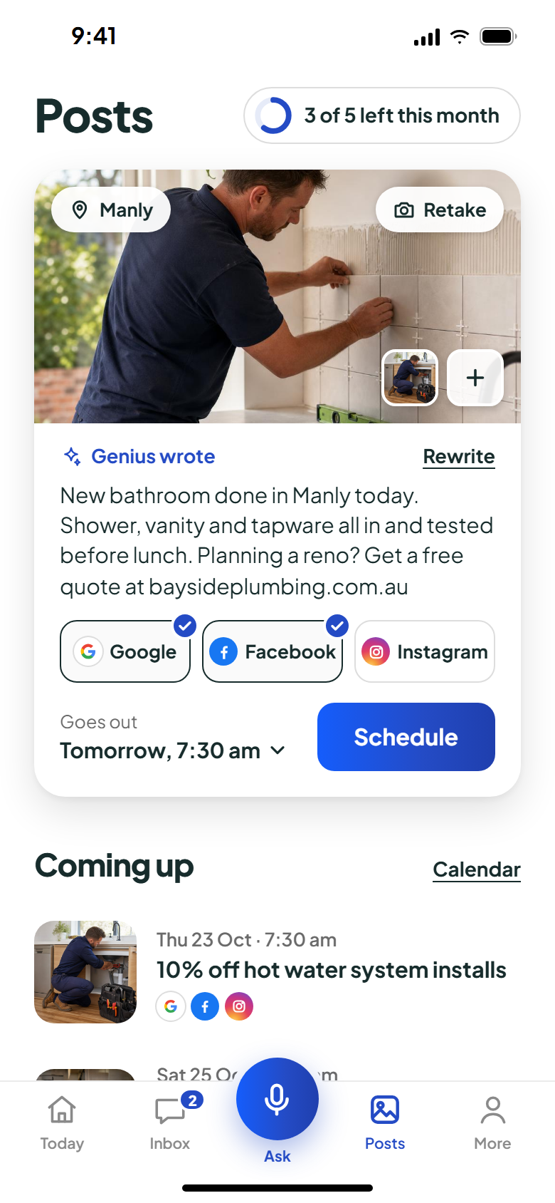 A job photo with a post Genius wrote, going to Google, Facebook and Instagram