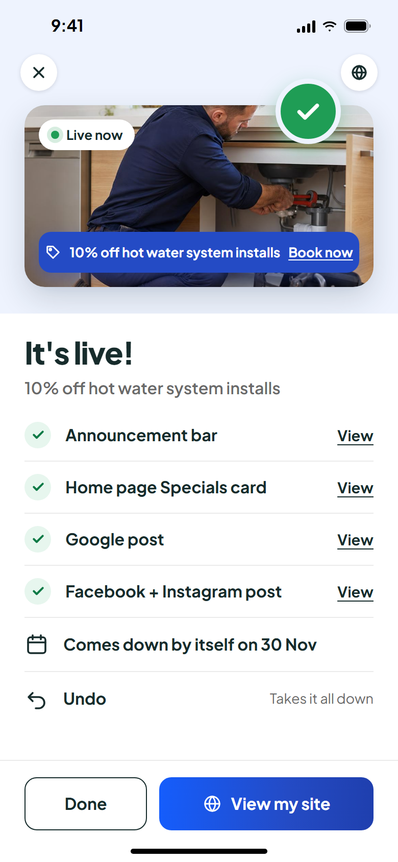 It is live: announcement bar, home page, Google post, Facebook and Instagram