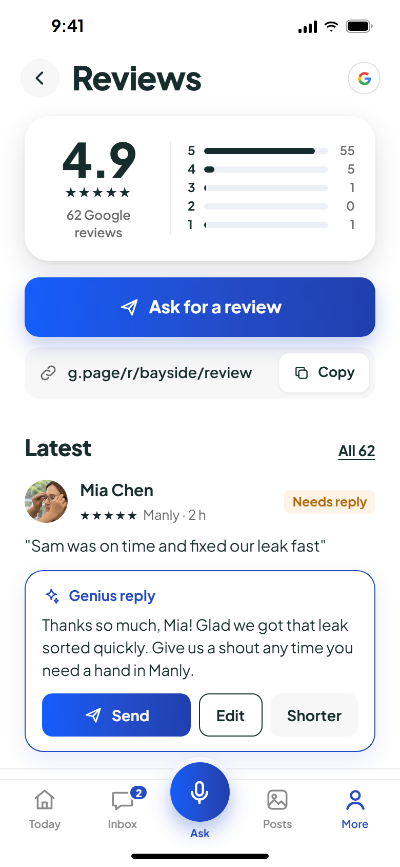 Reviews screen with a suggested reply