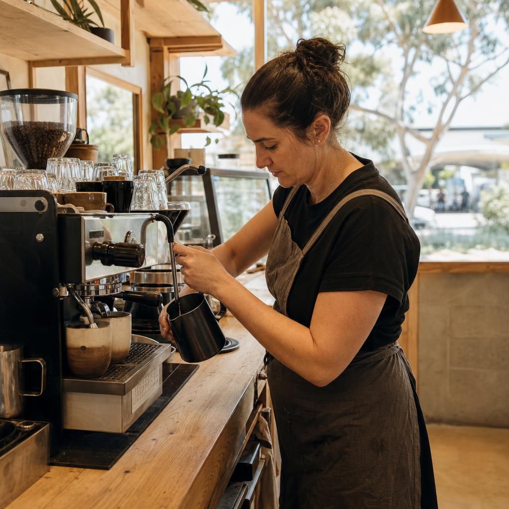 Café owner making coffee at the counter