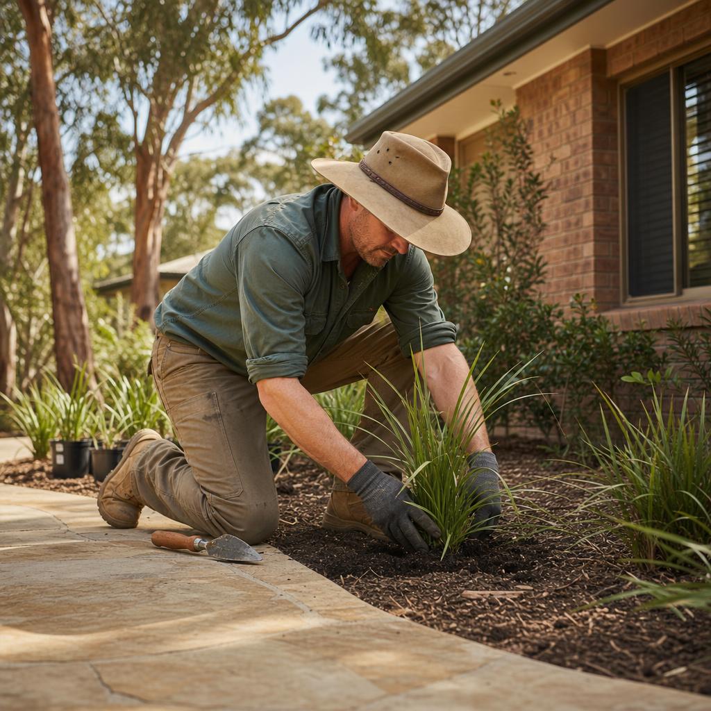 A landscaper planting a new garden bed