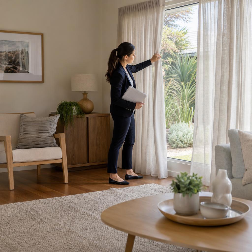 An agent opening the curtains in a styled living room before an open home