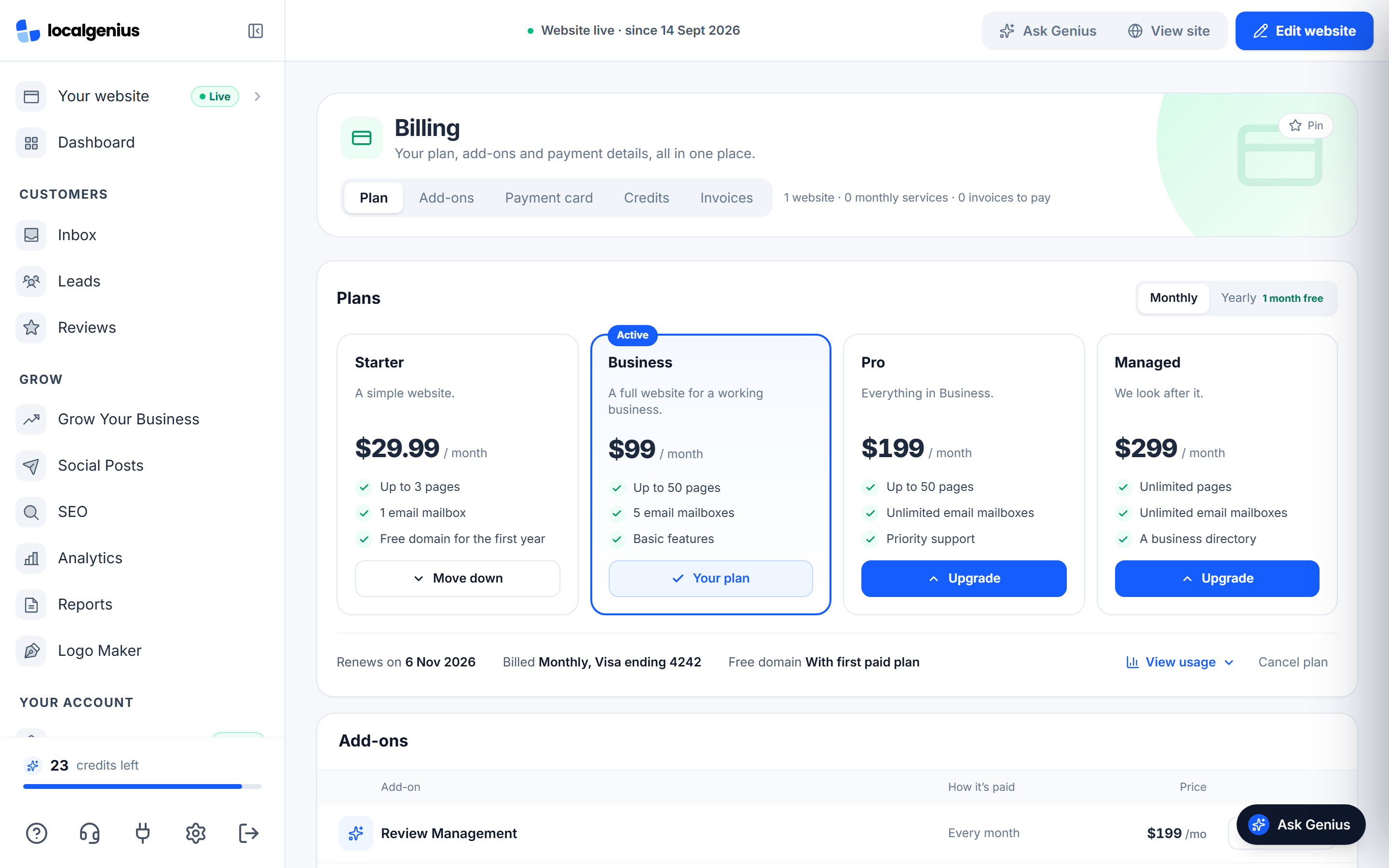 LocalGenius Billing: the four plans with monthly and yearly options