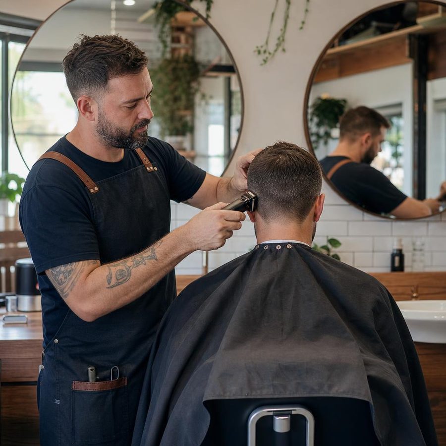 A barber running clippers up the side of a client's head