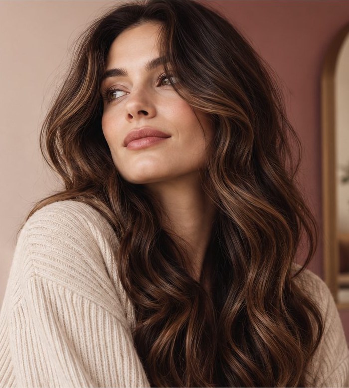 A woman with soft, shaped brows looking out of a salon window