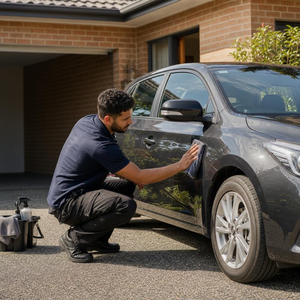 A mobile detailer wiping down a dark grey car on a customer's driveway