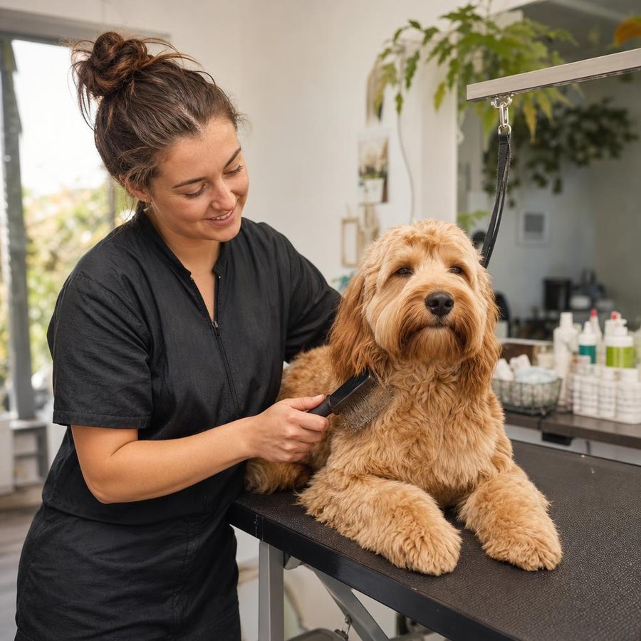 A groomer brushing a big apricot groodle on the grooming table