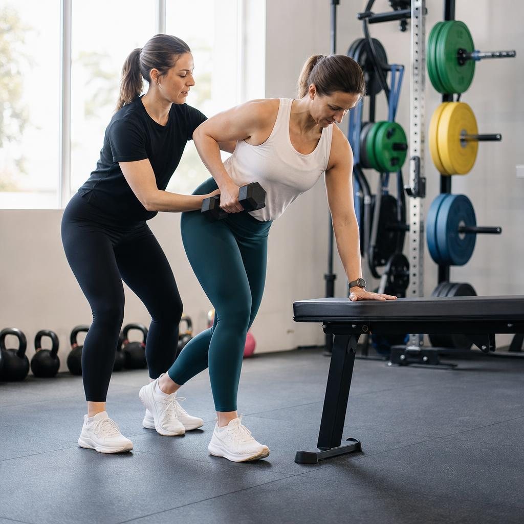 A coach showing a new member how to do a dumbbell row in a small strength gym