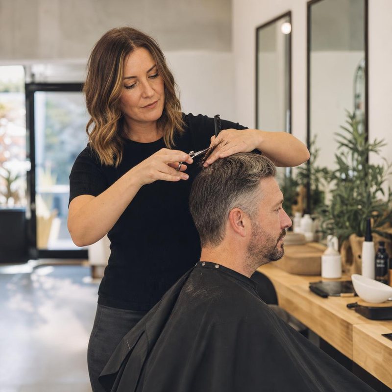 A hairdresser cutting a client's hair in a bright salon