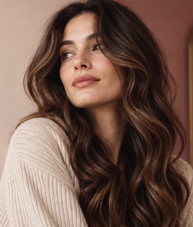 A bride with soft, glowing makeup and long brunette waves