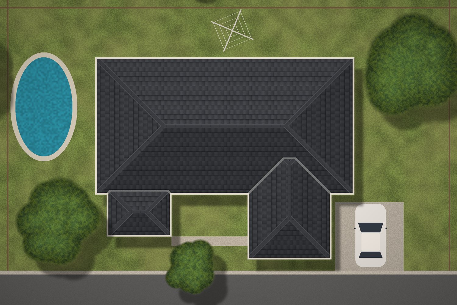 The same roof from the same spot, restored in charcoal