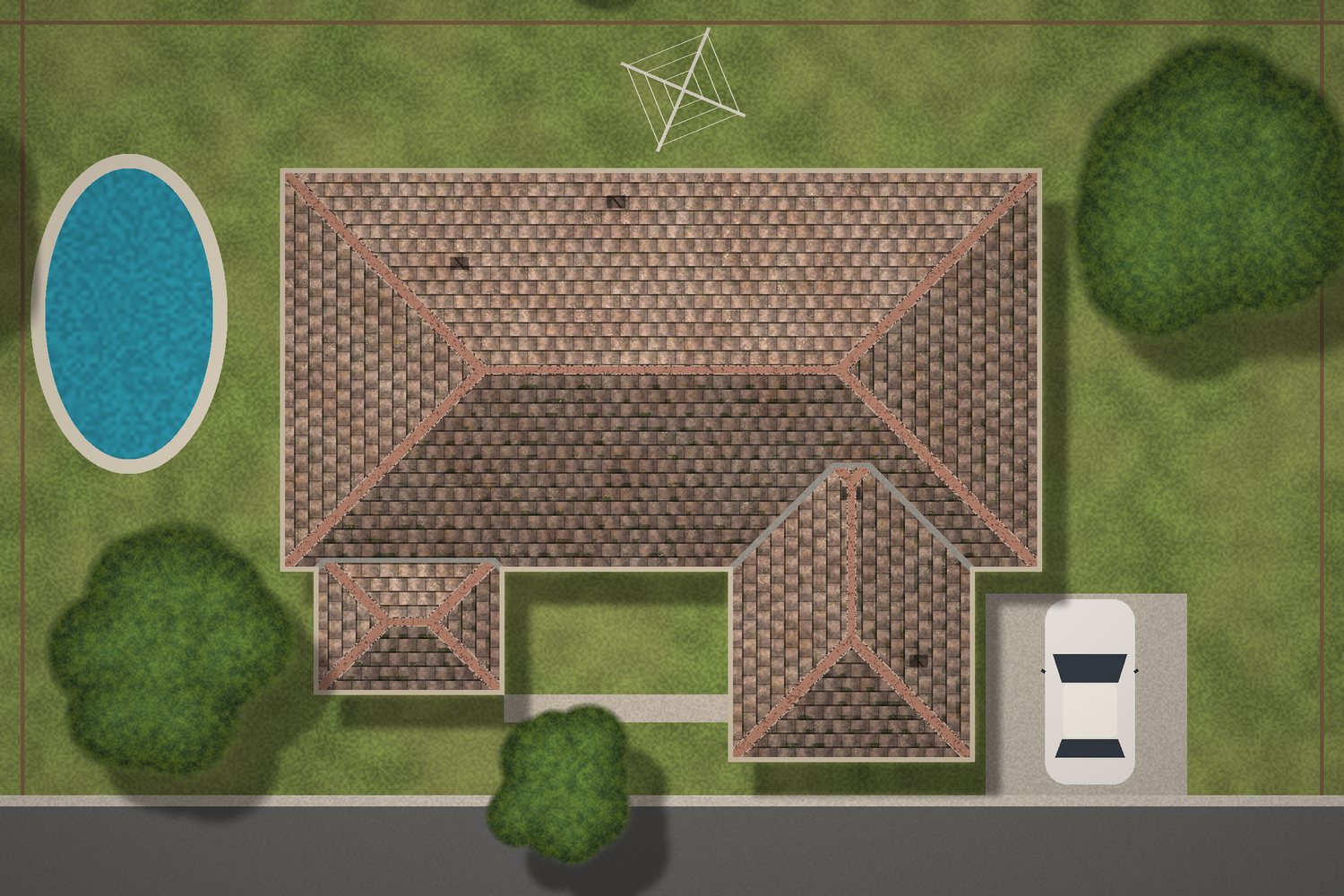 Drone photo from above of a faded, lichen-covered tile roof